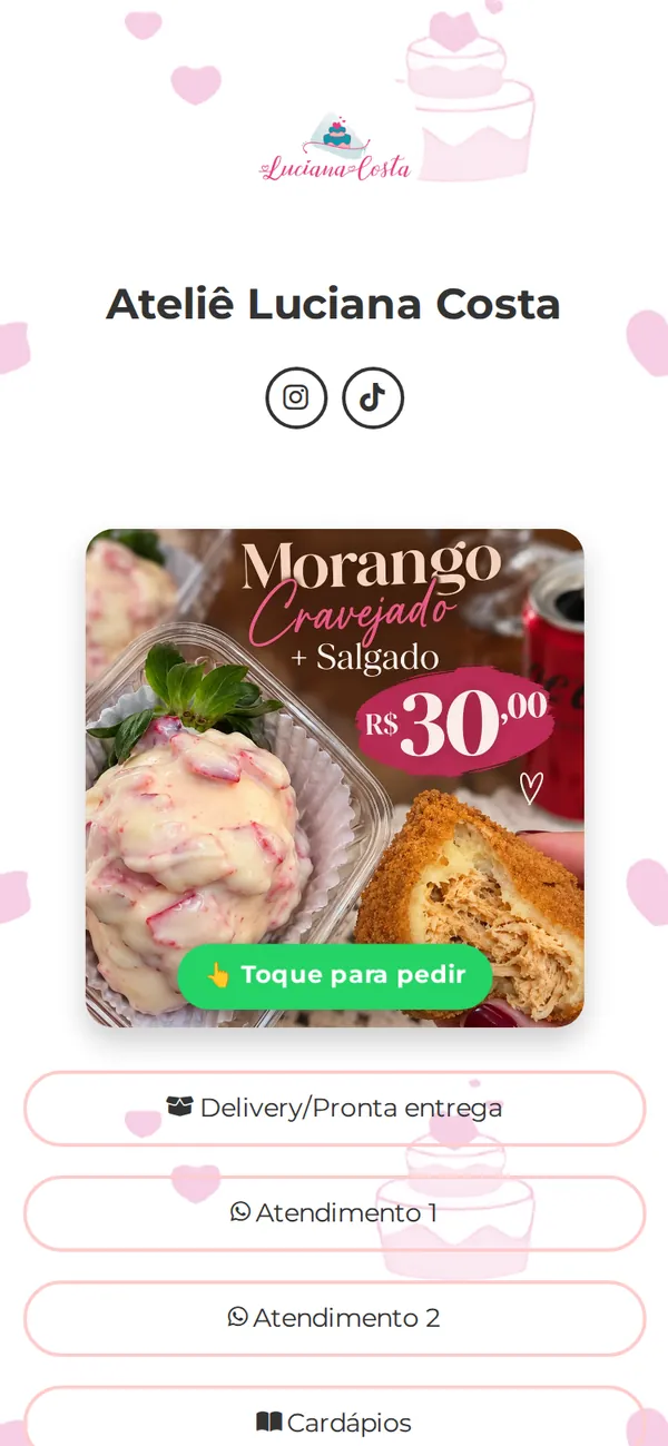 Página de cardápios no celular